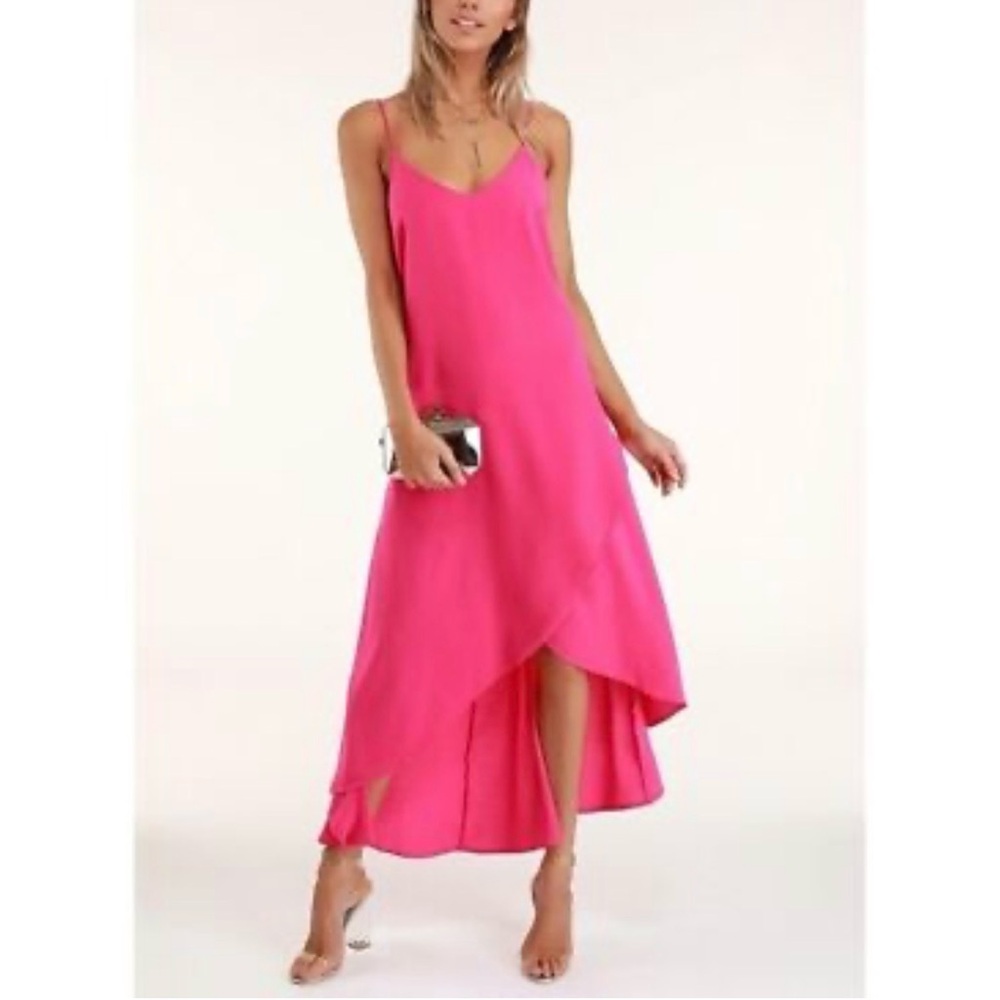 Lulus Sweet Surprise Bright Pink High-Low Maxi Dress Size M 0210